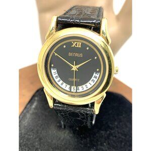 Benrus Women's Watch Quartz Vintage Black Dial Date Gold Leather Band 32mm